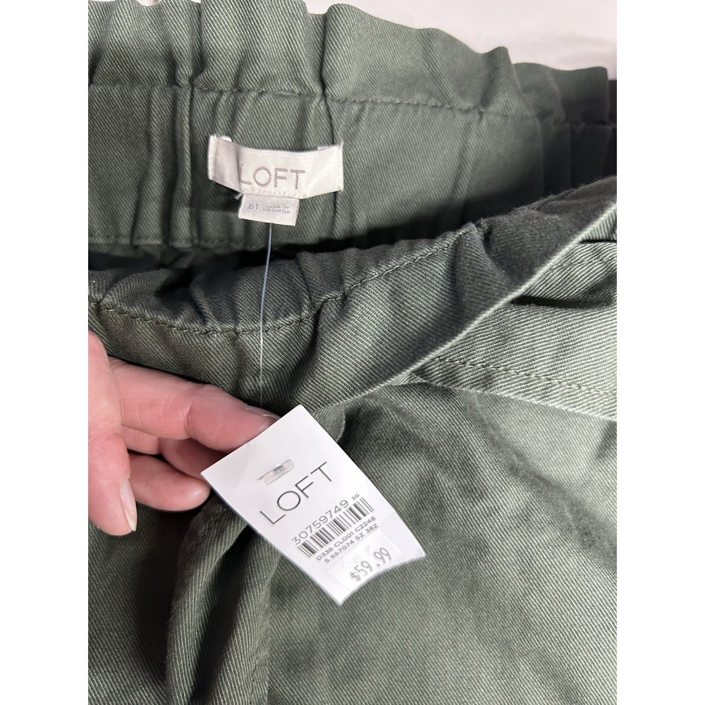LOFT Women's Green Cotton Twill A-Line Mini Skirt 8T Tall Pockets Tie Waist NWT - Picture 2 of 4